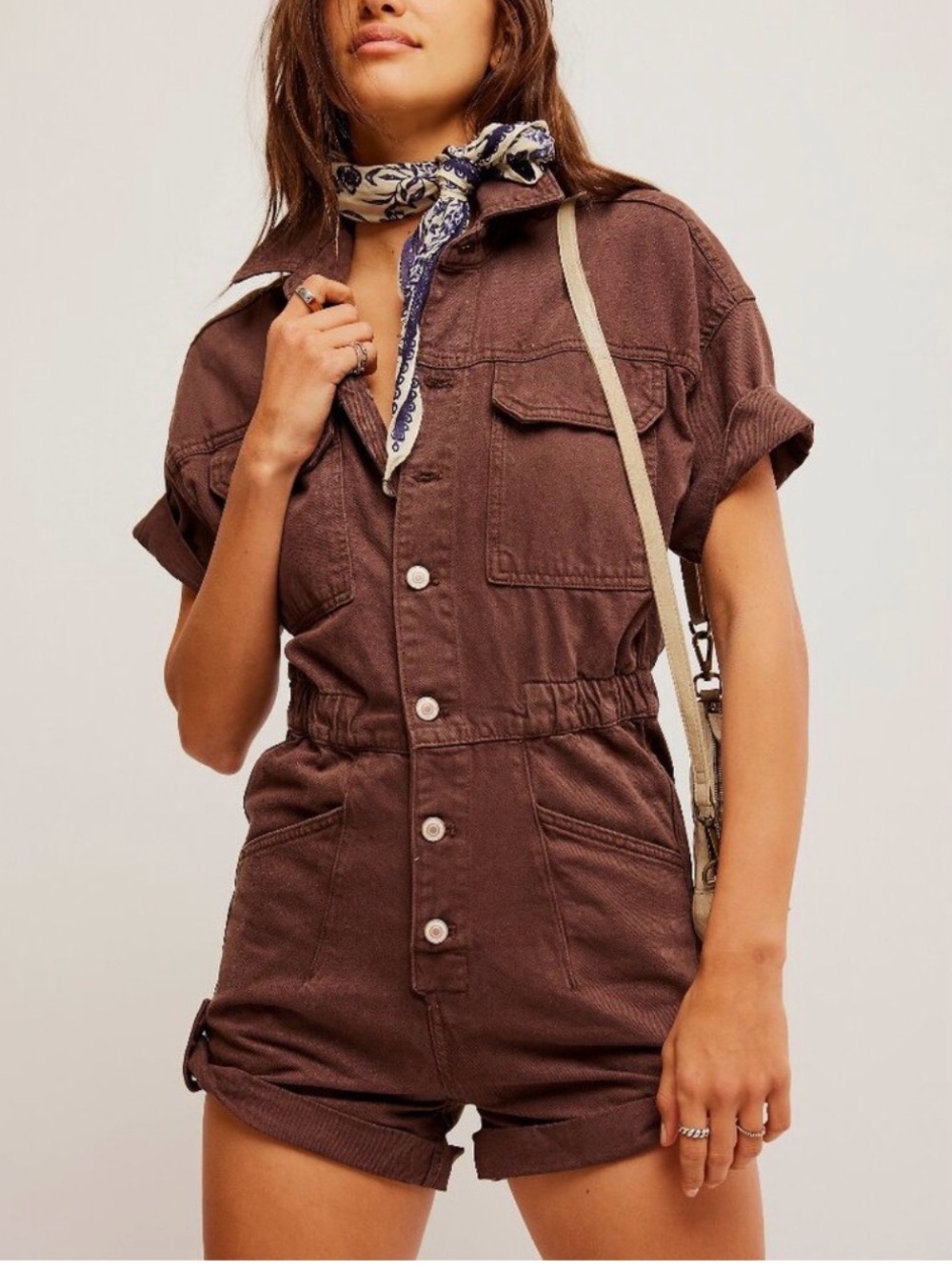 Free People We The Free Marci Cuffed Shortall Romper XS Mocha Brown NWOT
